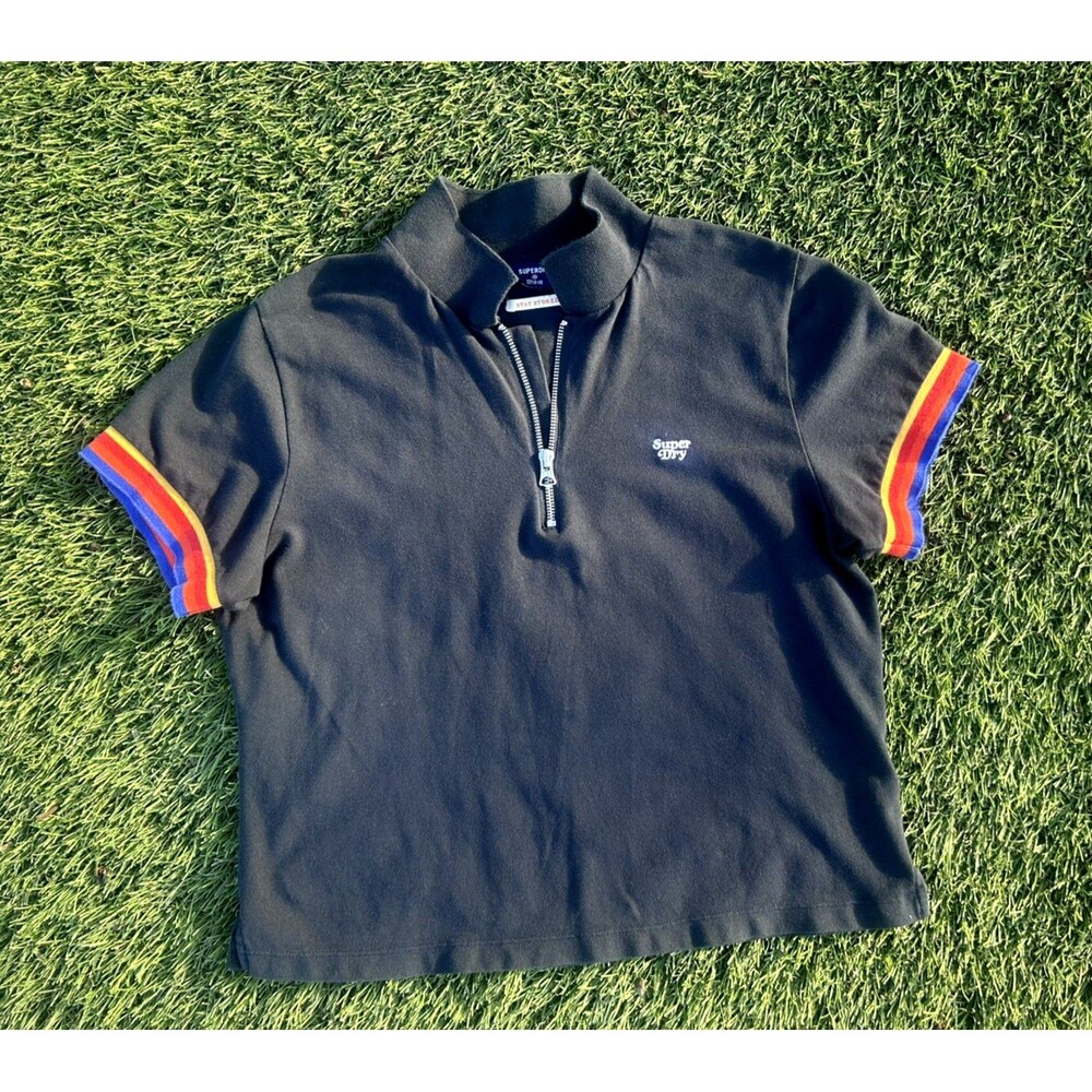 Superdry Womens 12 Cropped Quarter Zip Polo Shirt Black Rainbow Stripe Retro